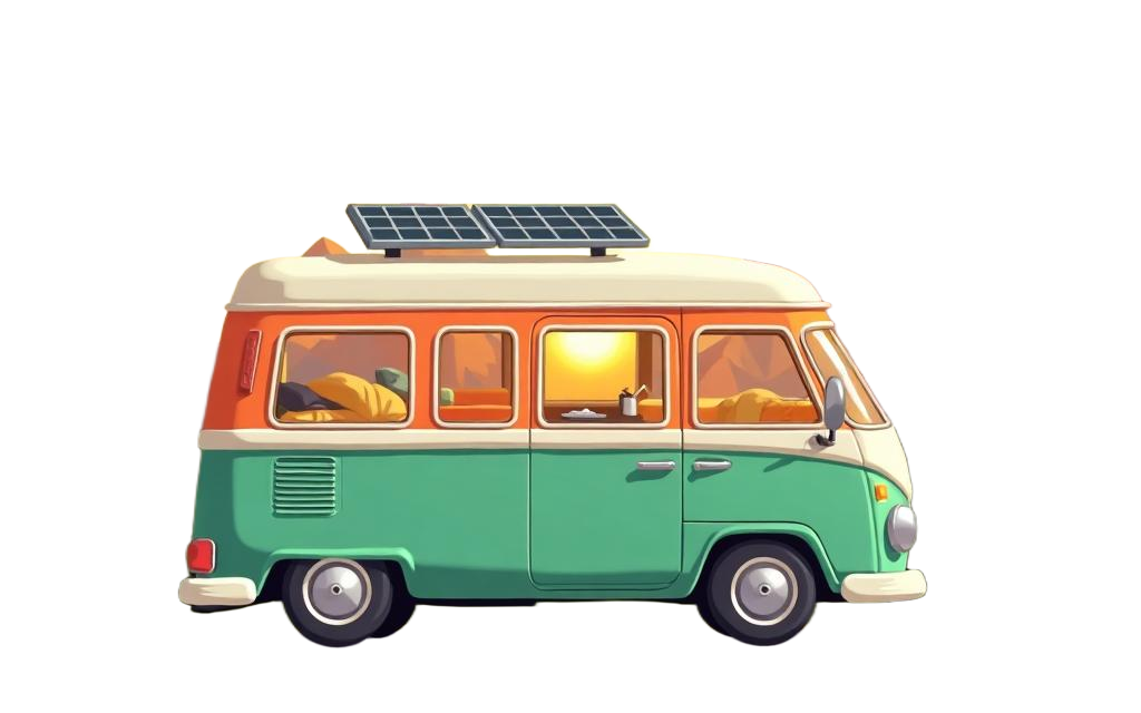 Camper van conversion cost estimator β cartoon illustration of a converted campervan